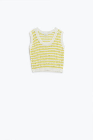 Q2 Women's Sweater One Size / Yellow Open Knit Cropped Striped Sleeveless Sweater In Yellow And White