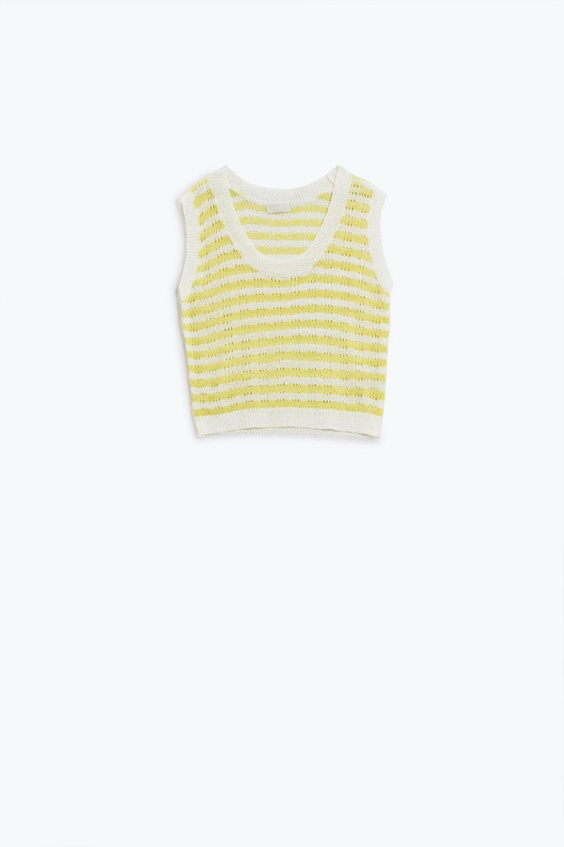 Q2 Women's Sweater One Size / Yellow Open Knit Cropped Striped Sleeveless Sweater In Yellow And White