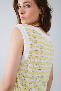 Q2 Women's Sweater One Size / Yellow Open Knit Cropped Striped Sleeveless Sweater In Yellow And White