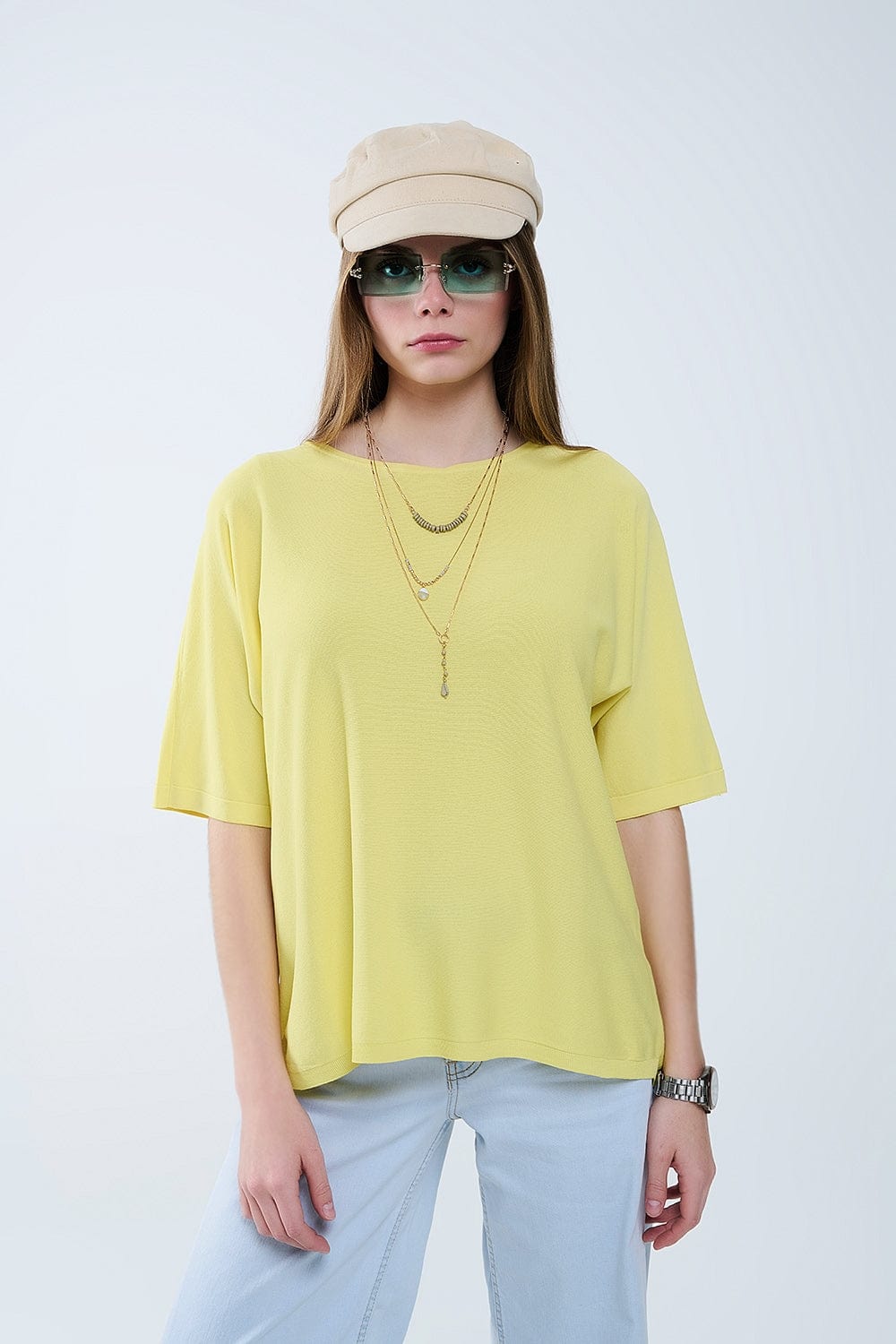 Q2 Women's Sweater One Size / Yellow Oversized Yellow Sweater With Elbow-Length Sleeves
