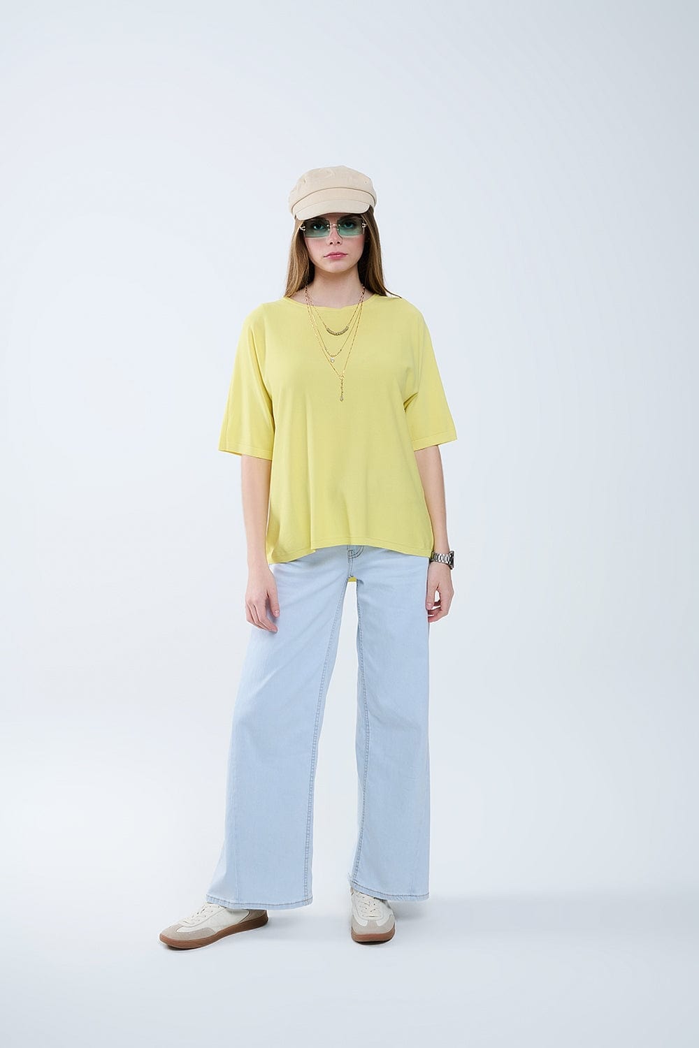 Q2 Women's Sweater One Size / Yellow Oversized Yellow Sweater With Elbow-Length Sleeves
