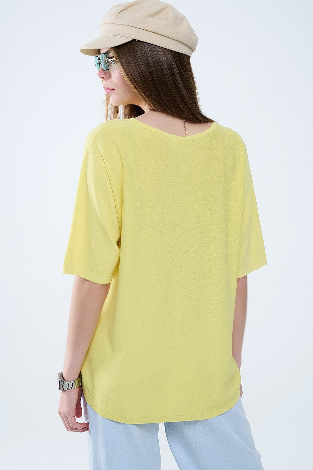 Q2 Women's Sweater One Size / Yellow Oversized Yellow Sweater With Elbow-Length Sleeves
