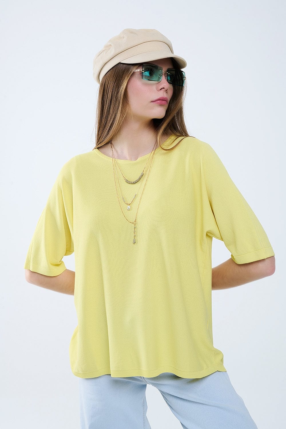 Q2 Women's Sweater One Size / Yellow Oversized Yellow Sweater With Elbow-Length Sleeves