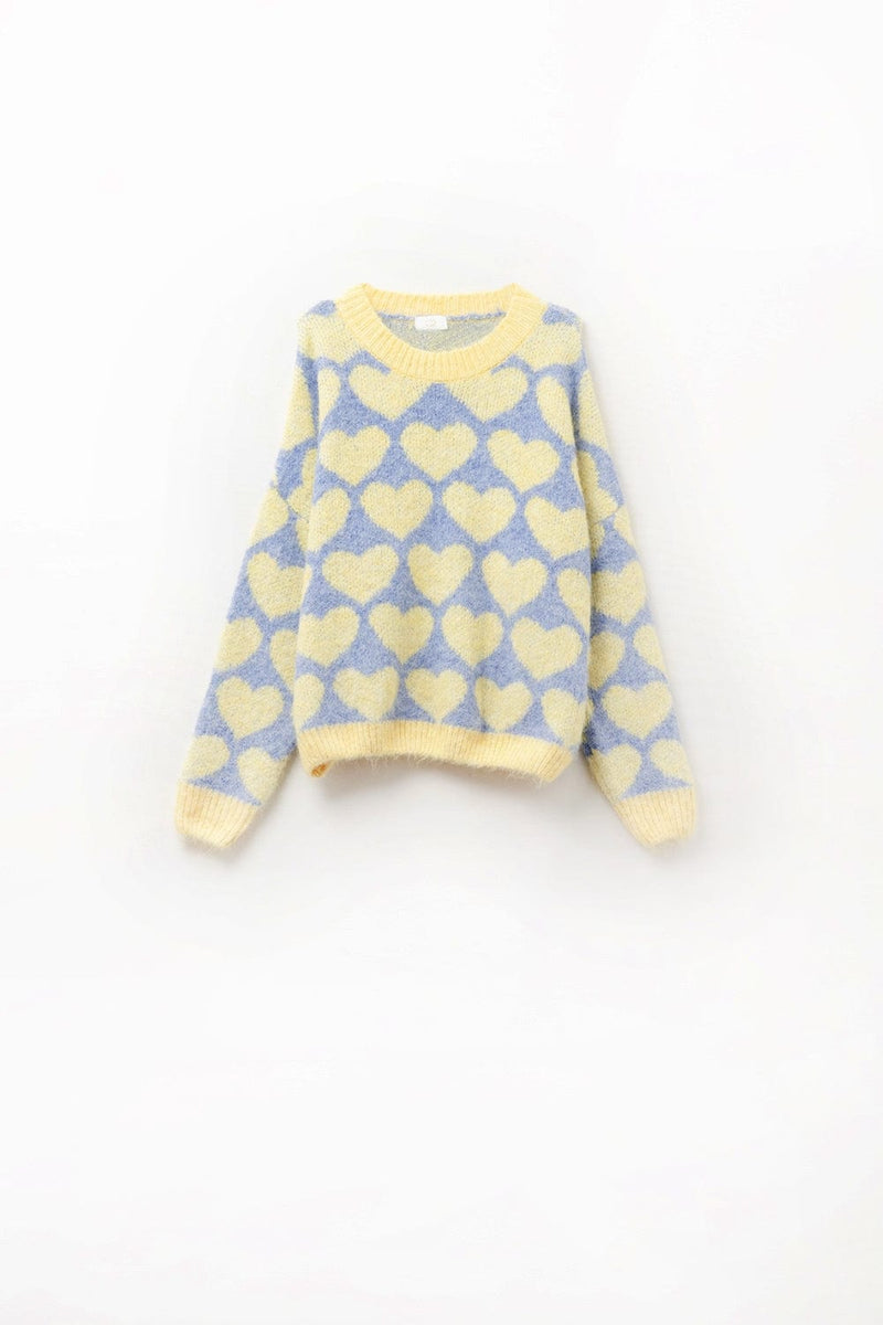 Q2 Women's Sweater One Size / Yellow Super Soft Oversized Blue Sweater With Yellow Hearts