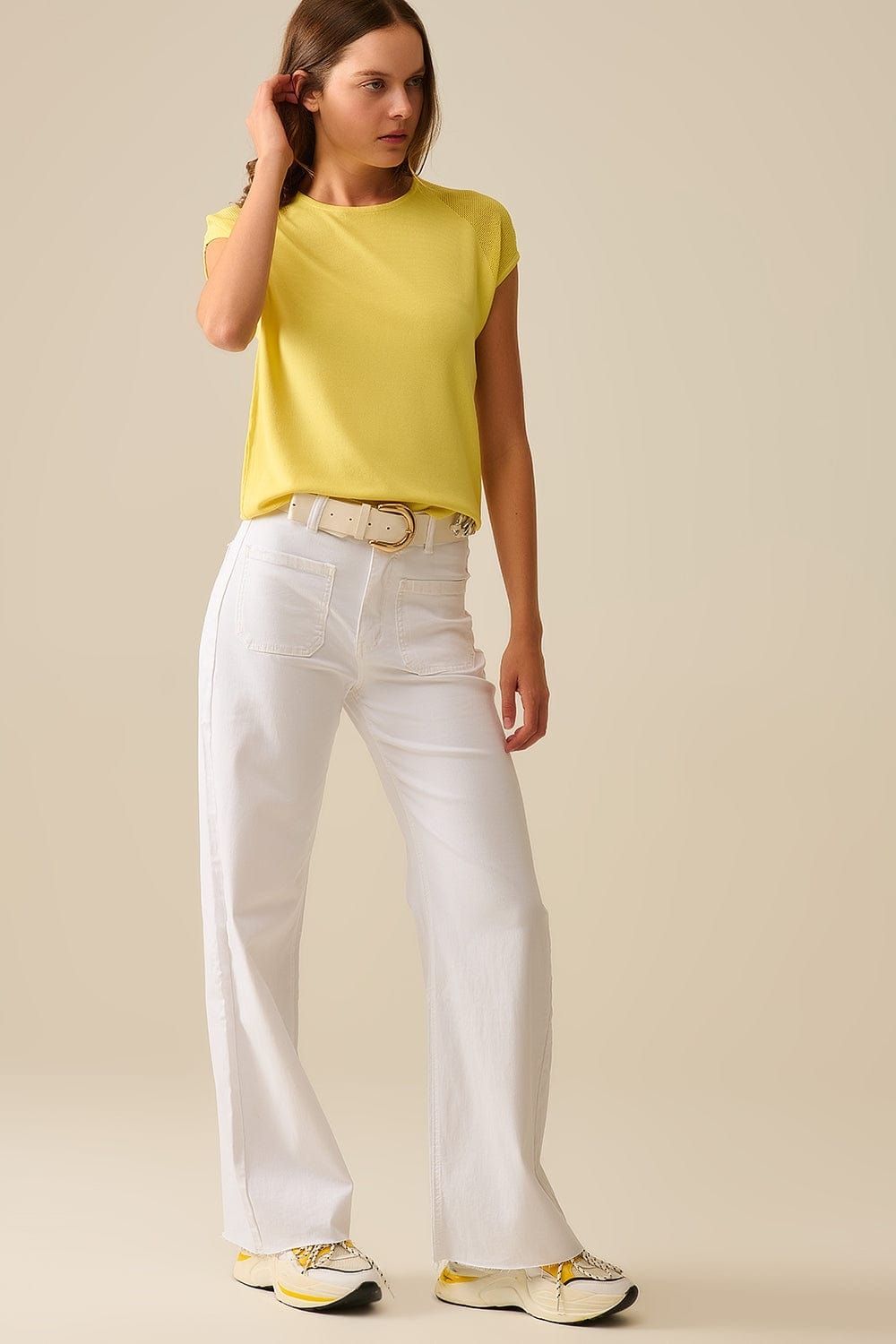Q2 Women's Sweater One Size / Yellow Yellow Short Sleeve Sweater With Knitted Mesh On The Shoulder