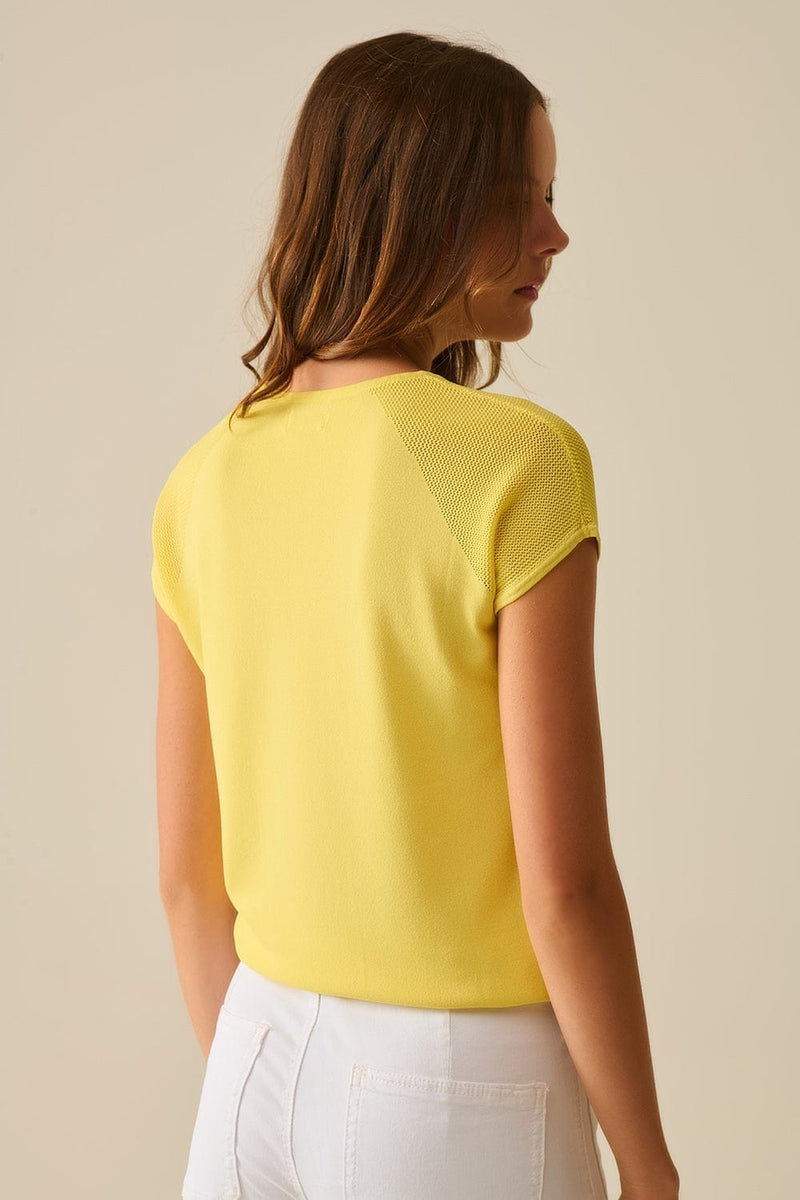 Q2 Women's Sweater One Size / Yellow Yellow Short Sleeve Sweater With Knitted Mesh On The Shoulder