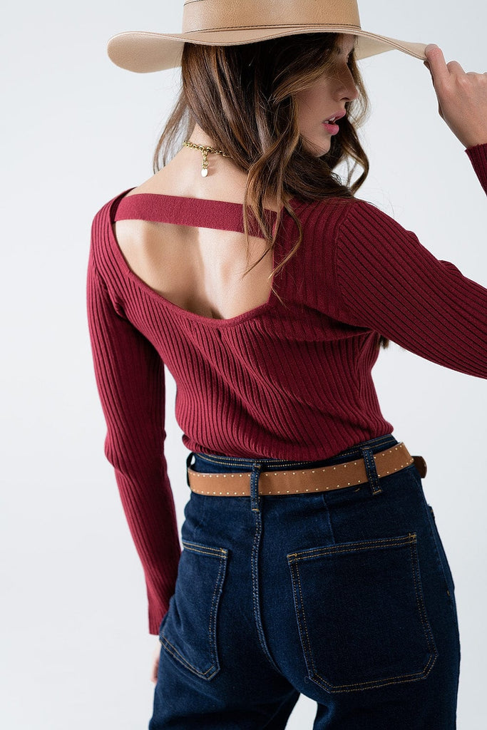 Q2 Women's Sweater Open Back Burgundy Ribbed Sweater