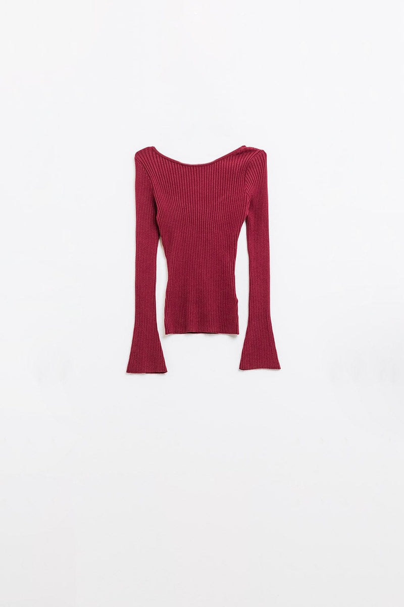 Q2 Women's Sweater Open Back Burgundy Ribbed Sweater