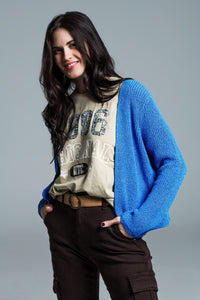 Q2 Women's Sweater Open Blue Cardigan In Light Open Knit