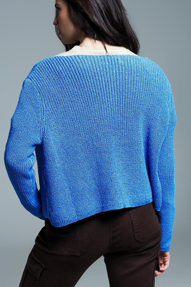 Q2 Women's Sweater Open Blue Cardigan In Light Open Knit