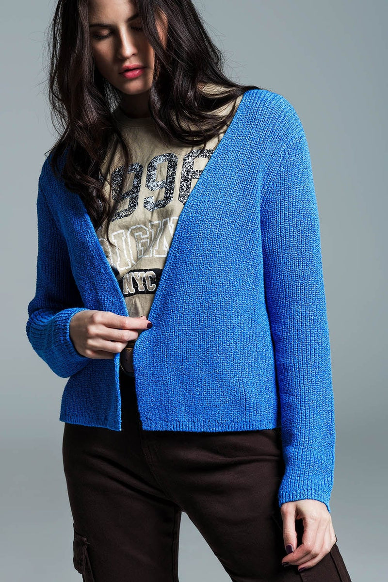 Q2 Women's Sweater Open Blue Cardigan In Light Open Knit