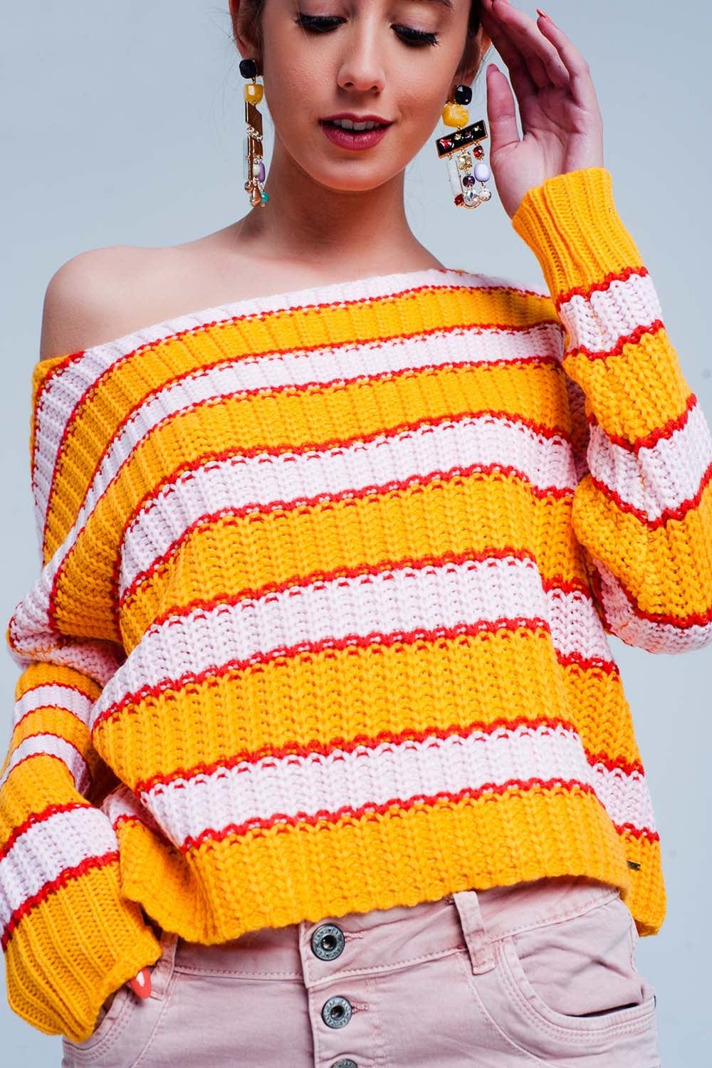 Q2 Women's Sweater Orange and Pink Color Block Stripe Sweater