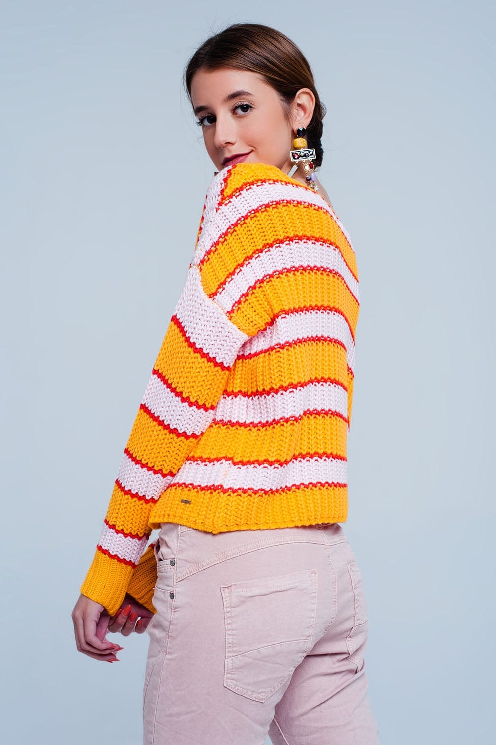 Q2 Women's Sweater Orange and Pink Color Block Stripe Sweater