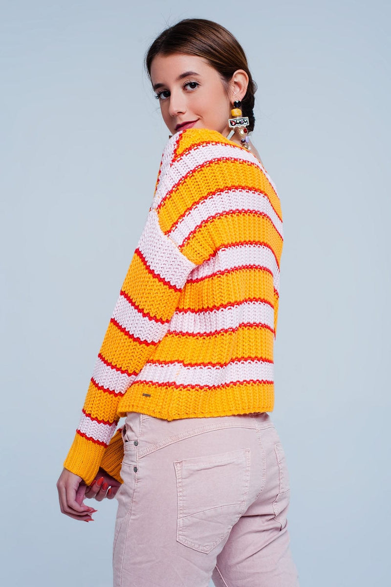 Q2 Women's Sweater Orange and Pink Color Block Stripe Sweater