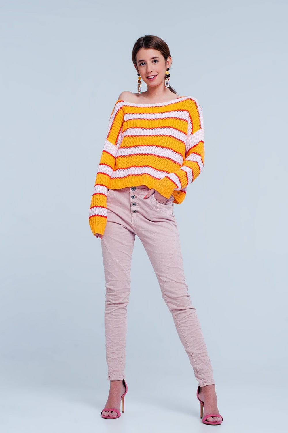 Q2 Women's Sweater Orange and Pink Color Block Stripe Sweater