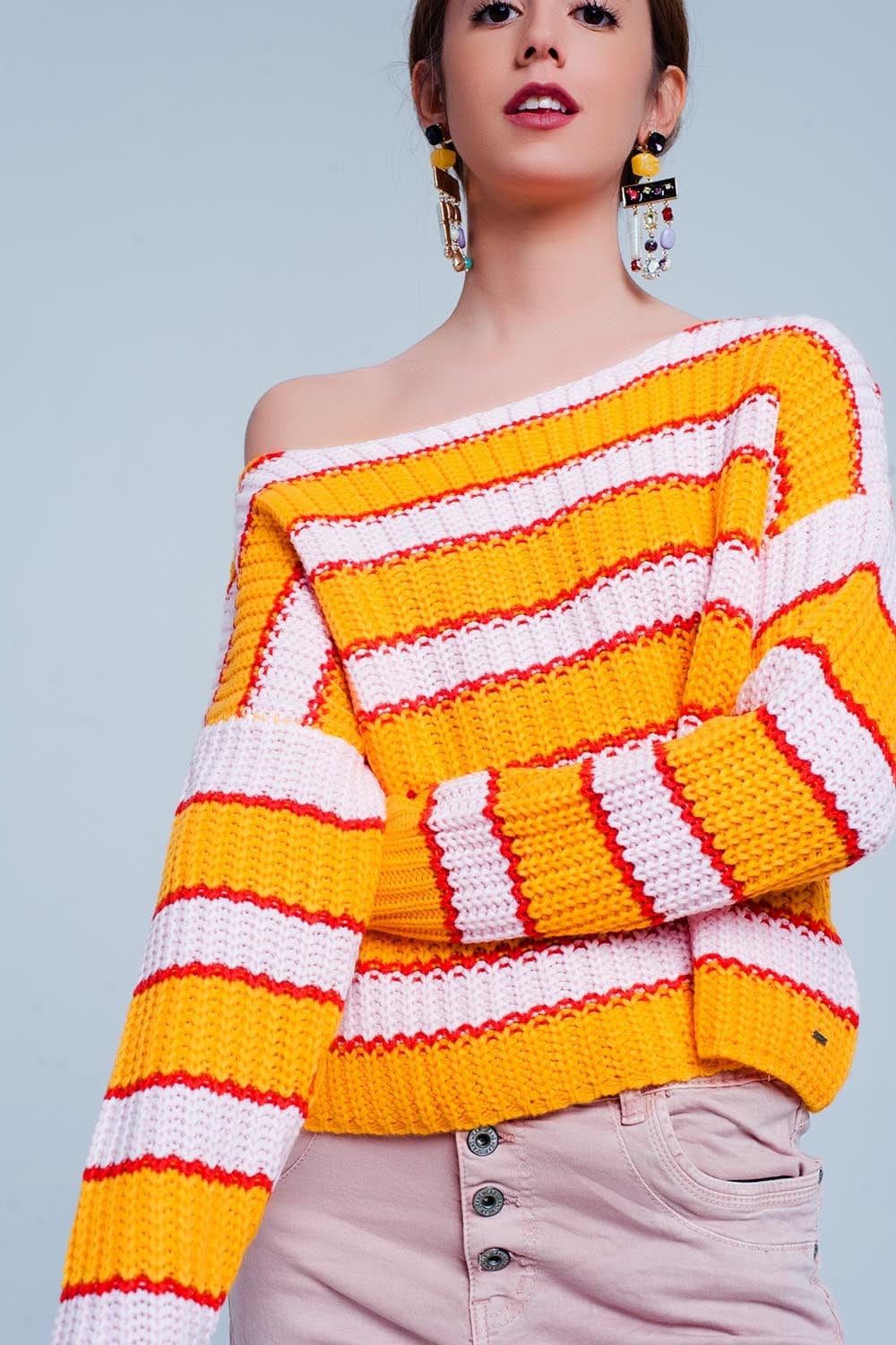 Q2 Women's Sweater Orange and Pink Color Block Stripe Sweater