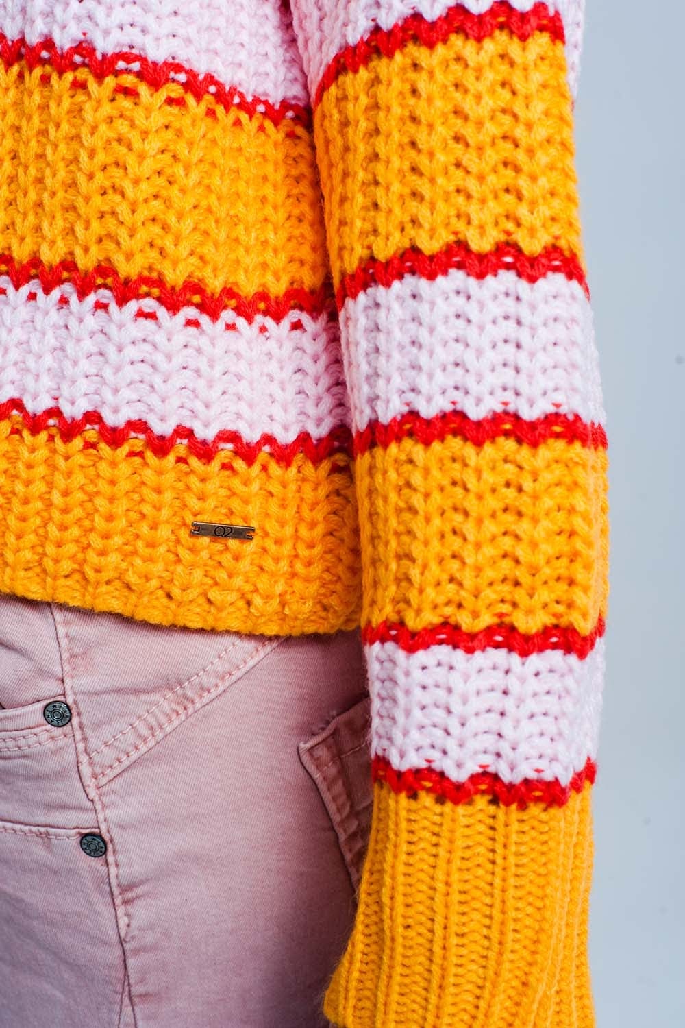 Q2 Women's Sweater Orange and Pink Color Block Stripe Sweater