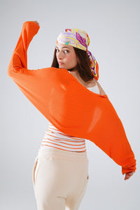 Q2 Women's Sweater Orange Fine Knit Bolero Cardigan