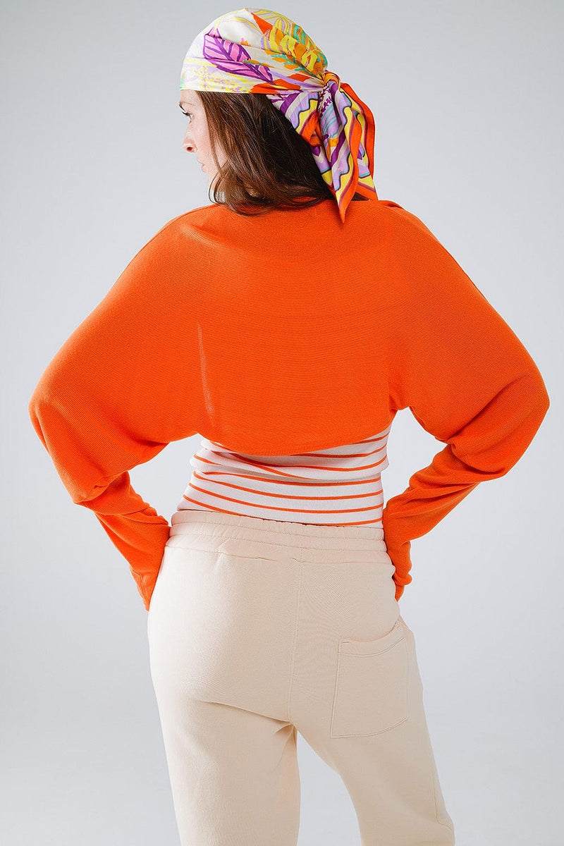 Q2 Women's Sweater Orange Fine Knit Bolero Cardigan