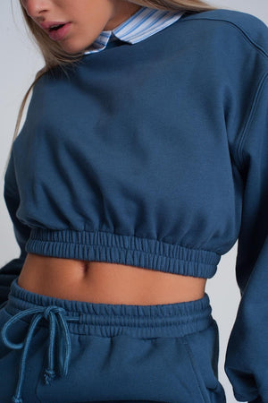 Q2 Women's Sweater Oversized Cropped Sweatshirt in Blue