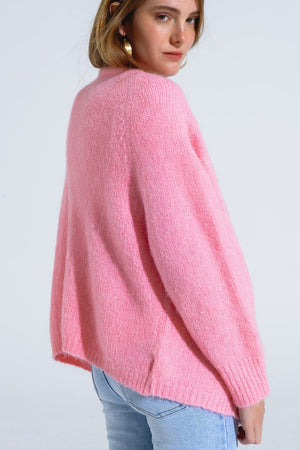 Q2 Women's Sweater Oversized Fluffy Knit Open Cardigan In Pink With Rib At Them And Cuffs