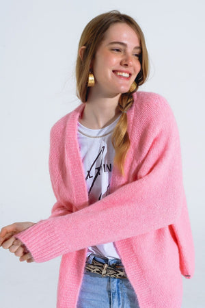 Q2 Women's Sweater Oversized Fluffy Knit Open Cardigan In Pink With Rib At Them And Cuffs