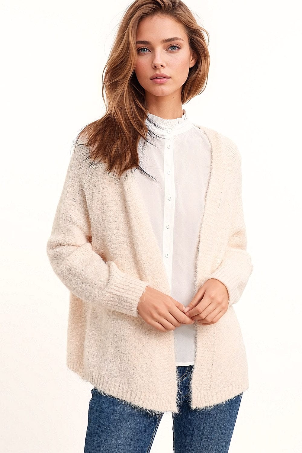 Q2 Women's Sweater Oversized Fluffy Knit Open Cardigan In White With Rib At Them And Cuffs