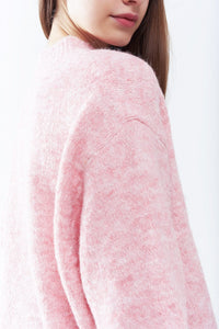 Q2 Women's Sweater Pink Fluffy Sweater With Three-Quarter Sleeves And Round Neck