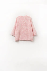 Q2 Women's Sweater Pink Fluffy Sweater With Three-Quarter Sleeves And Round Neck