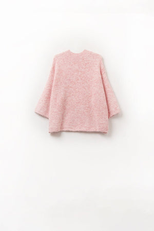 Q2 Women's Sweater Pink Fluffy Sweater With Three-Quarter Sleeves And Round Neck