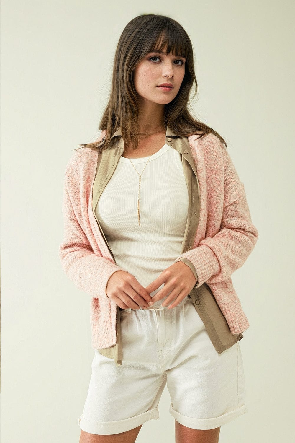 Q2 Women's Sweater Pink Knit Cardigan With Wide V-Neck And Button Closure