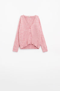 Q2 Women's Sweater Pink Knit Cardigan With Wide V-Neck And Button Closure