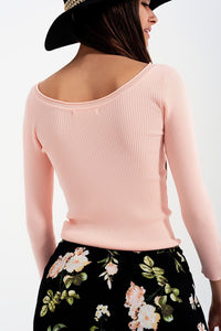 Q2 Women's Sweater Pink Knitted Wide Neck Sweater