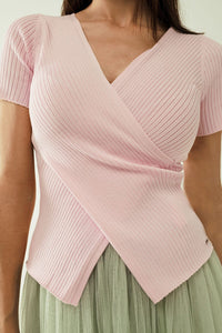 Q2 Women's Sweater Pink Sweater With Crossed Front And V-Neck