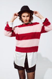 Q2 Women's Sweater Pink Sweater With Stripes And A Crew Neck