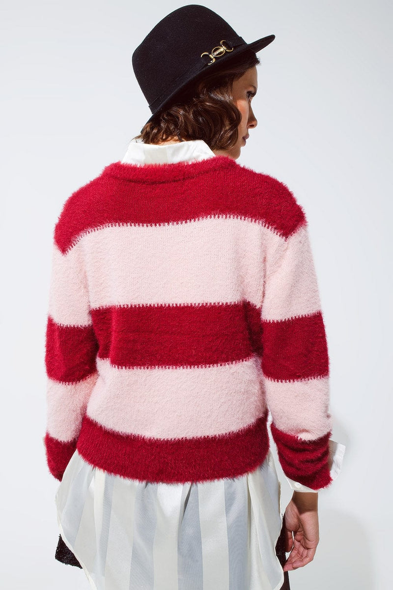 Q2 Women's Sweater Pink Sweater With Stripes And A Crew Neck