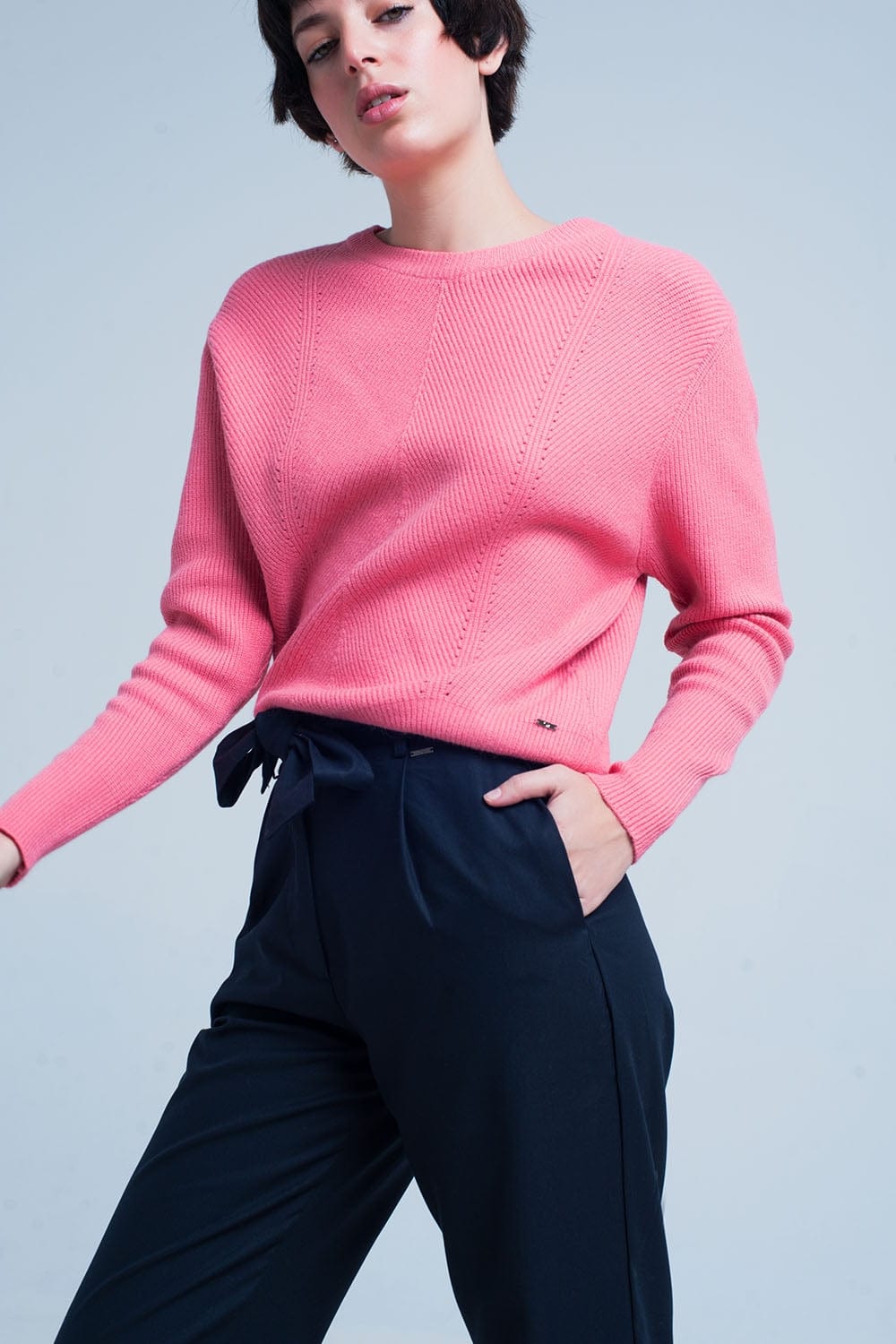 Q2 Women's Sweater Pink Textured Sweater with Round Neck