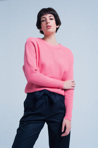 Q2 Women's Sweater Pink Textured Sweater with Round Neck