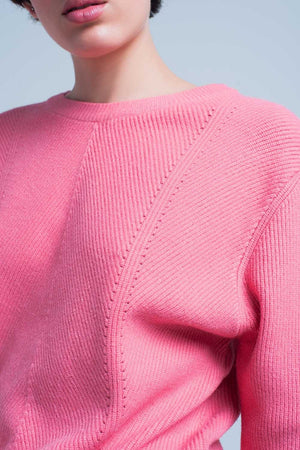 Q2 Women's Sweater Pink Textured Sweater with Round Neck