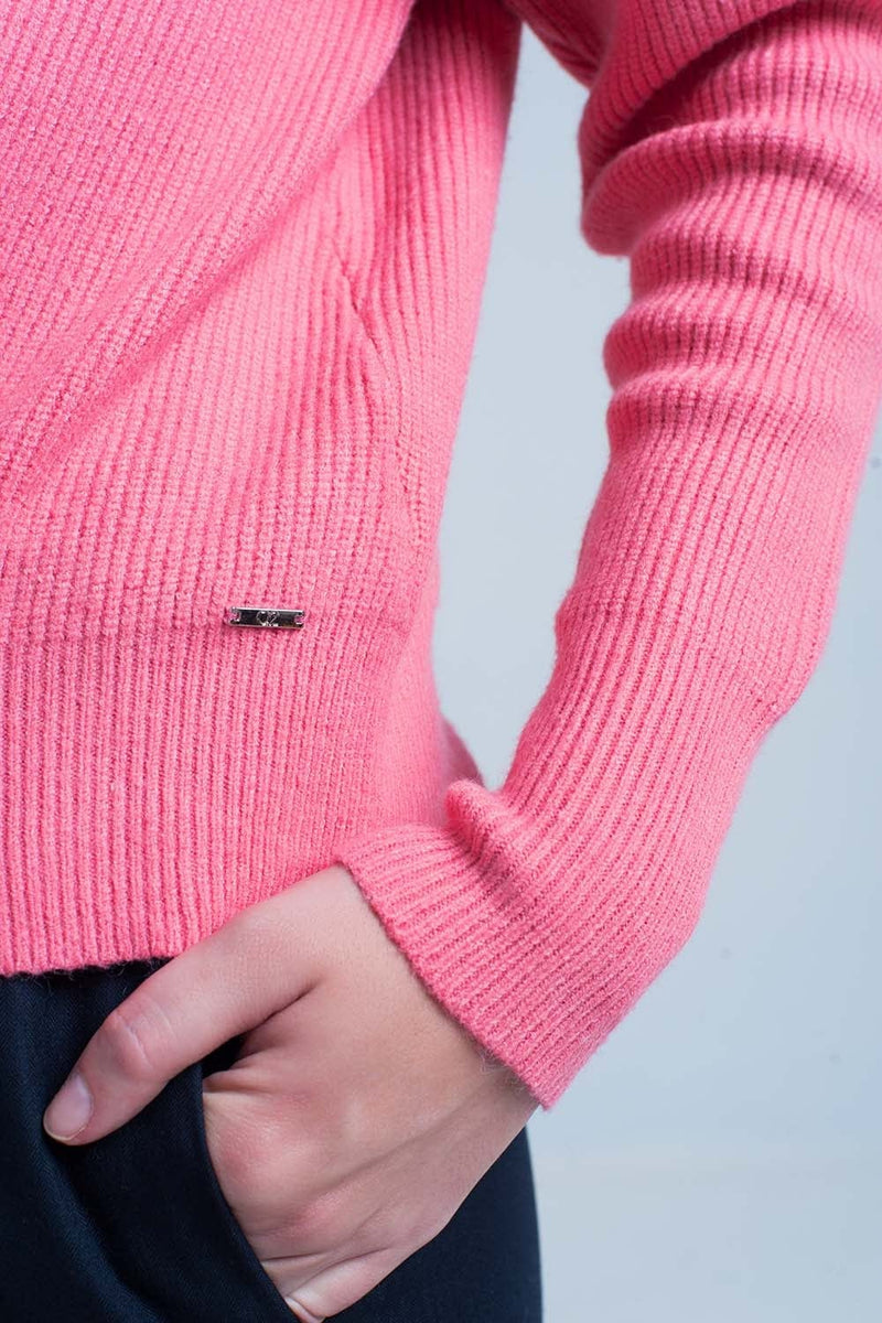 Q2 Women's Sweater Pink Textured Sweater with Round Neck