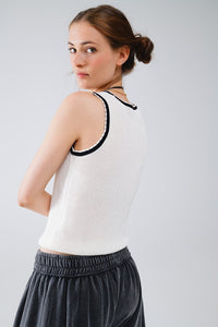 Q2 Women's Sweater Pointelle White Sleeveless Top With Black And White Trim Detail