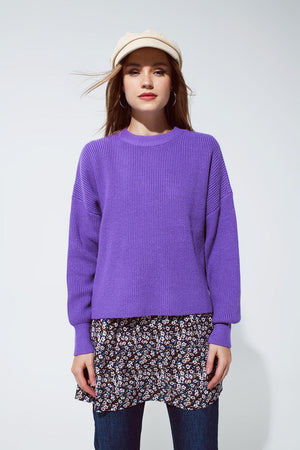 Q2 Women's Sweater Purple Chunky Knitted Relaxed Jumper