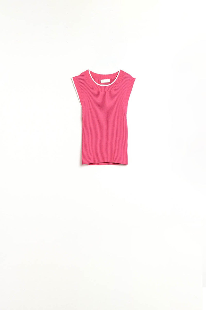 Q2 Women's Sweater Raspberry Pink Fitted Tank Top With White Trim