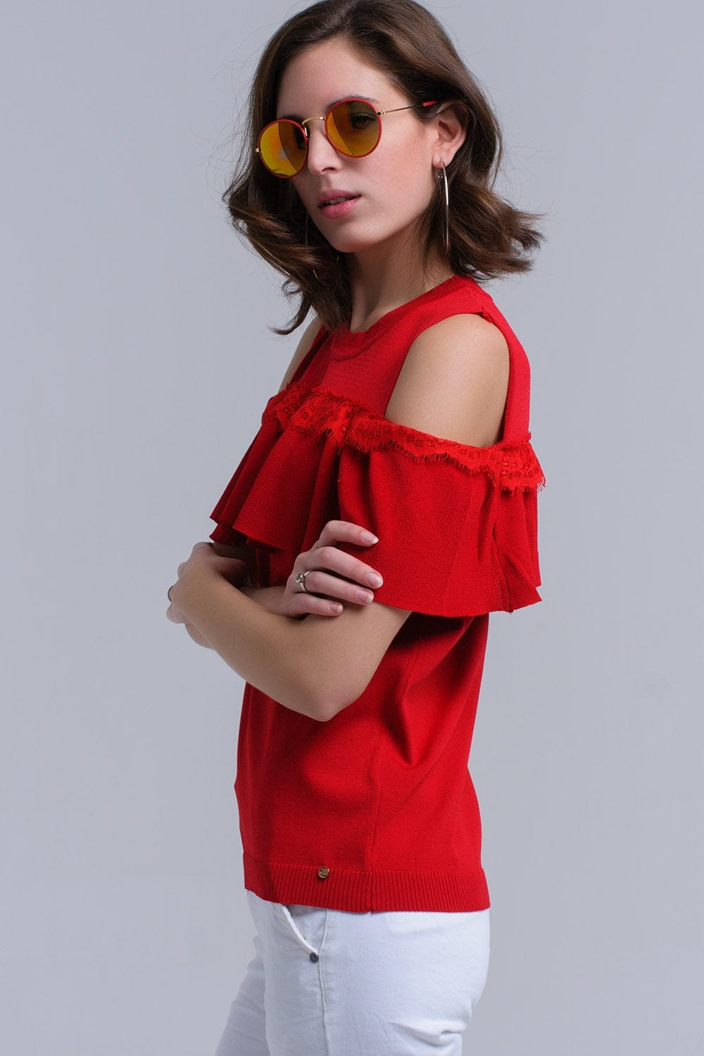 Q2 Women's Sweater Red cold shoulder sweater with ruffle and lace