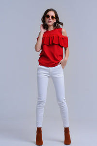 Q2 Women's Sweater Red cold shoulder sweater with ruffle and lace
