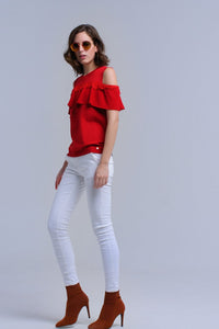 Q2 Women's Sweater Red cold shoulder sweater with ruffle and lace