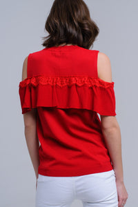 Q2 Women's Sweater Red cold shoulder sweater with ruffle and lace