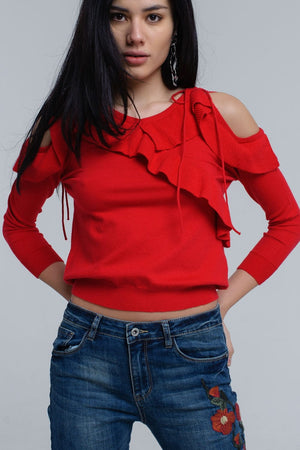 Q2 Women's Sweater Red sweater with ruffle detail at front