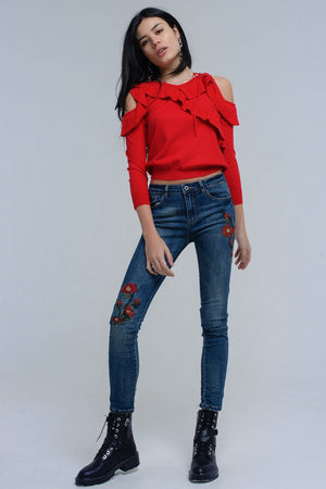 Q2 Women's Sweater Red sweater with ruffle detail at front