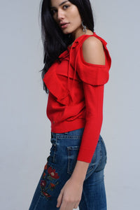 Q2 Women's Sweater Red sweater with ruffle detail at front